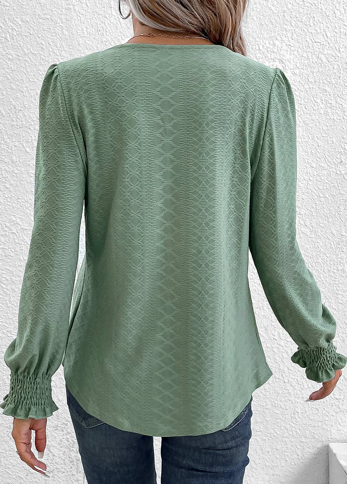 Green Smocked Long Sleeve Square Neck T Shirt 4 Green Smocked Long Sleeve Square Neck T Shirt - Image 2