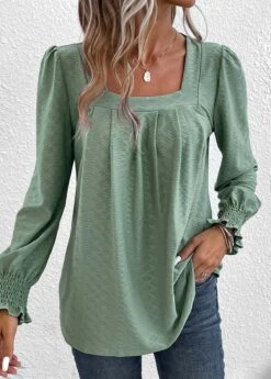 Green Smocked Long Sleeve Square Neck T Shirt 11 Green Smocked Long Sleeve Square Neck T Shirt -OLALA Clothing Shop 337554 P 16897662703933
