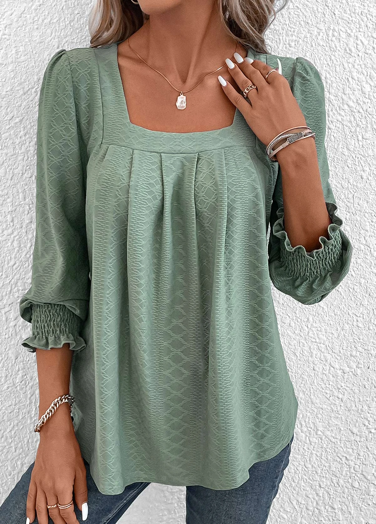 Green Smocked Long Sleeve Square Neck T Shirt 5 Green Smocked Long Sleeve Square Neck T Shirt - Image 3