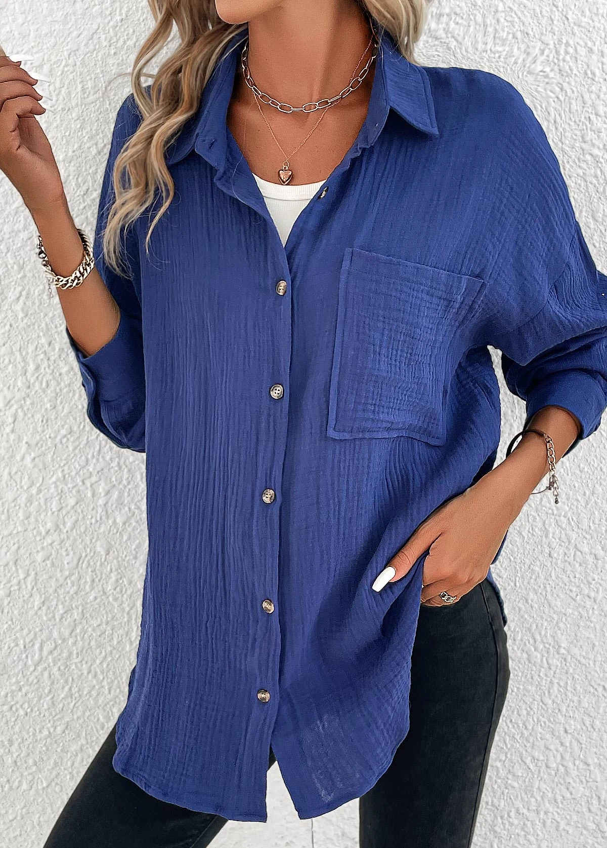 Navy Button Long Sleeve Shirt Collar Blouse 8 Navy Button Long Sleeve Shirt Collar Blouse - Image 6