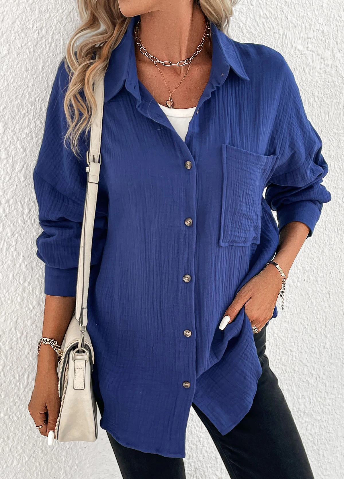 Navy Button Long Sleeve Shirt Collar Blouse 7 Navy Button Long Sleeve Shirt Collar Blouse - Image 5