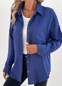 Navy Button Long Sleeve Shirt Collar Blouse 10 Navy Button Long Sleeve Shirt Collar Blouse -OLALA Clothing Shop 337558 P 16896776054412