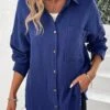 Navy Button Long Sleeve Shirt Collar Blouse -OLALA Clothing Shop 337558 P 16896776054560