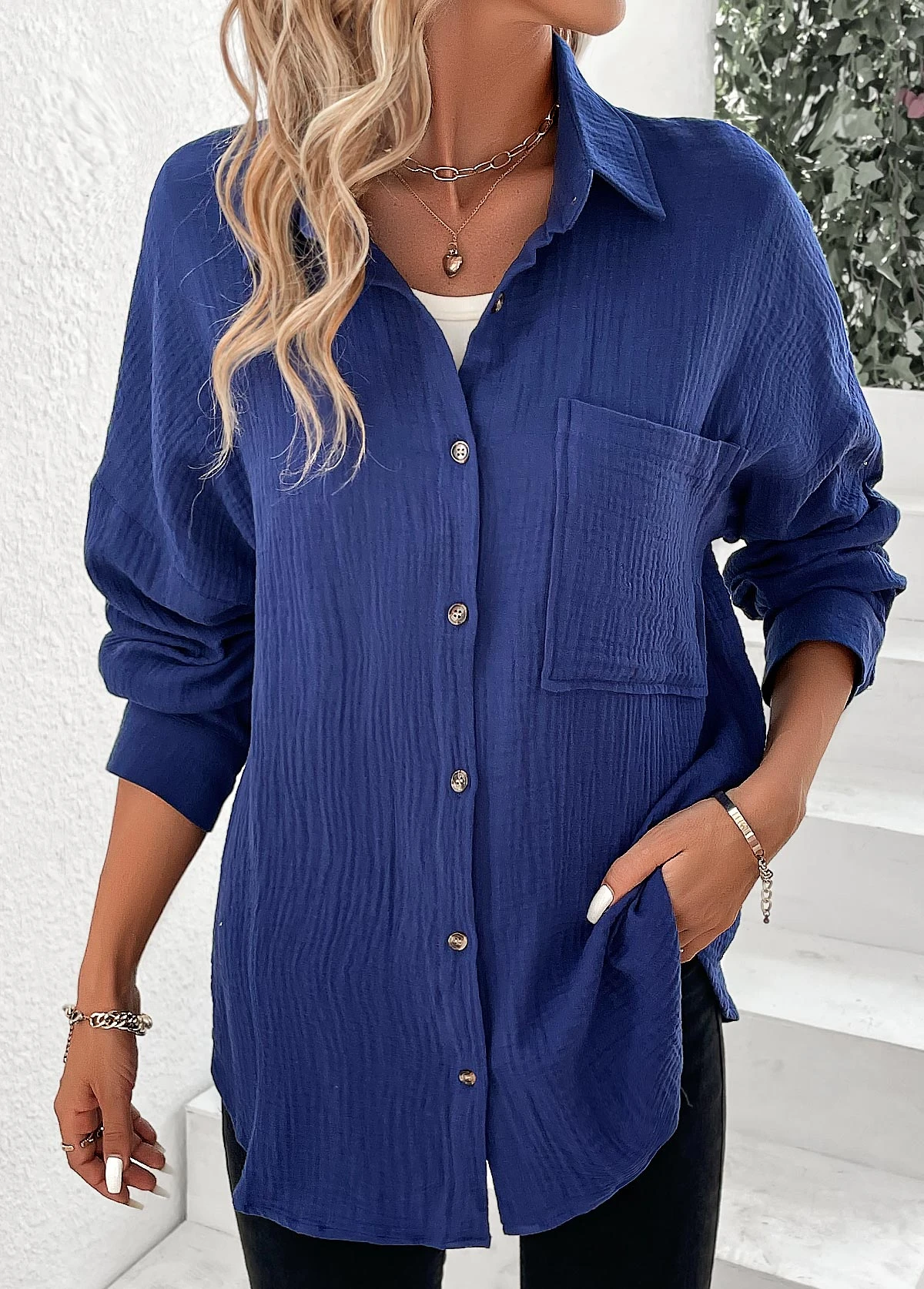 Navy Button Long Sleeve Shirt Collar Blouse 3 Navy Button Long Sleeve Shirt Collar Blouse