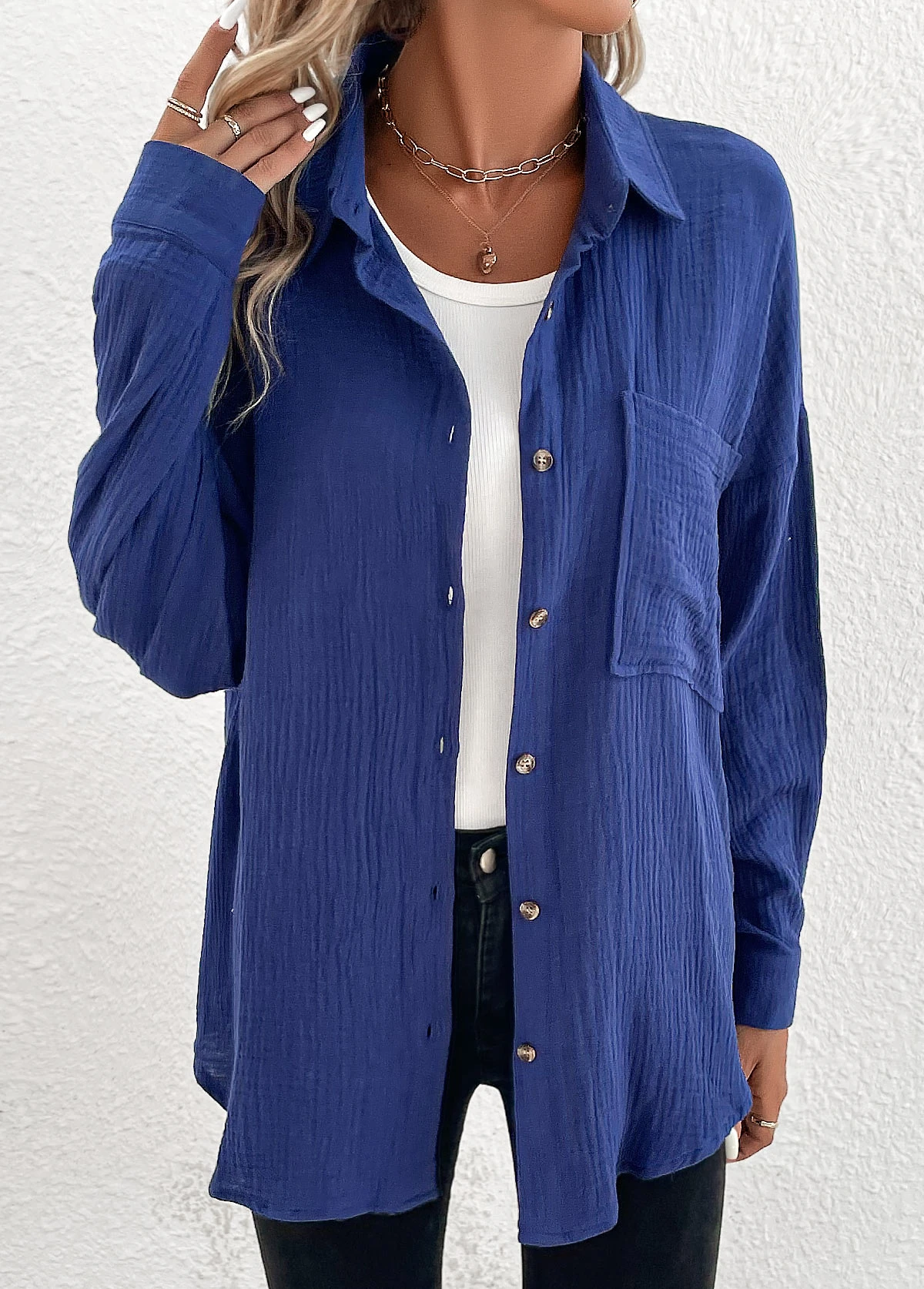 Navy Button Long Sleeve Shirt Collar Blouse 6 Navy Button Long Sleeve Shirt Collar Blouse - Image 4