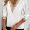 White Lace Long Sleeve V Neck Blouse