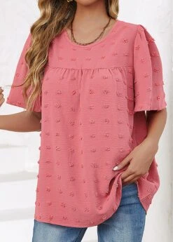 Pink Ruched Short Sleeve Round Neck T Shirt -OLALA Clothing Shop 337590 P 16893327000604