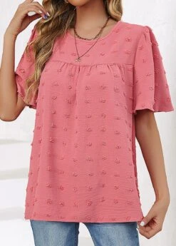 Pink Ruched Short Sleeve Round Neck T Shirt -OLALA Clothing Shop 337590 P 16893327003273