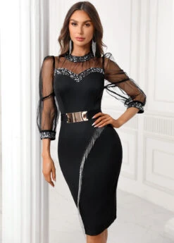 Black Sequin Mesh Patchwrok Belted Bodycon Dress -OLALA Clothing Shop 337701 P 16914907601645