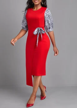 Red Leopard Half Sleeve Round Neck Bodycon Dress -OLALA Clothing Shop 337797 P 16910581777072