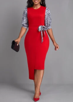 Red Leopard Half Sleeve Round Neck Bodycon Dress