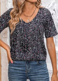 Black Ruched Ditsy Floral Print Short Sleeve Blouse -OLALA Clothing Shop 337834 P 16891324212613