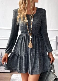 Dark Grey Ruched Short Long Sleeve Dress -OLALA Clothing Shop 338009 P 16909727935414