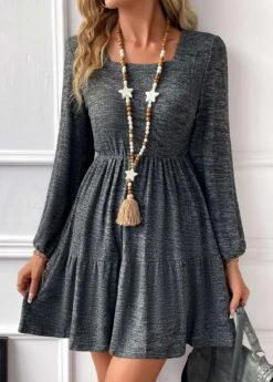 Dark Grey Ruched Short Long Sleeve Dress -OLALA Clothing Shop 338009 P 16909727936875