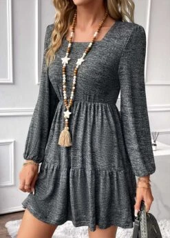 Dark Grey Ruched Short Long Sleeve Dress -OLALA Clothing Shop 338009 P 16909727939172