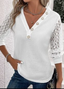 White Button Long Sleeve V Neck T Shirt -OLALA Clothing Shop 338021 P 16899205300554