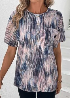 Multi Color Button Graffiti Print T Shirt -OLALA Clothing Shop 338082 P 16898486581720