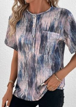 Multi Color Button Graffiti Print T Shirt -OLALA Clothing Shop 338082 P 16898486588392