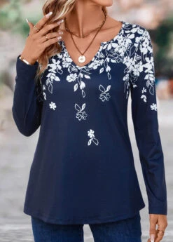 Navy Split Floral Print Long Sleeve T Shirt 13 Navy Split Floral Print Long Sleeve T Shirt -OLALA Clothing Shop 338132 P 16908781831205