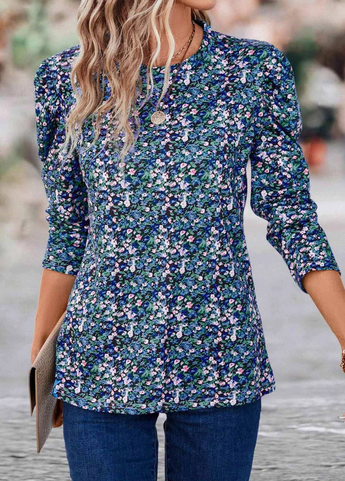 Multi Color Ruched Ditsy Floral Print T Shirt 6 Multi Color Ruched Ditsy Floral Print T Shirt - Image 4