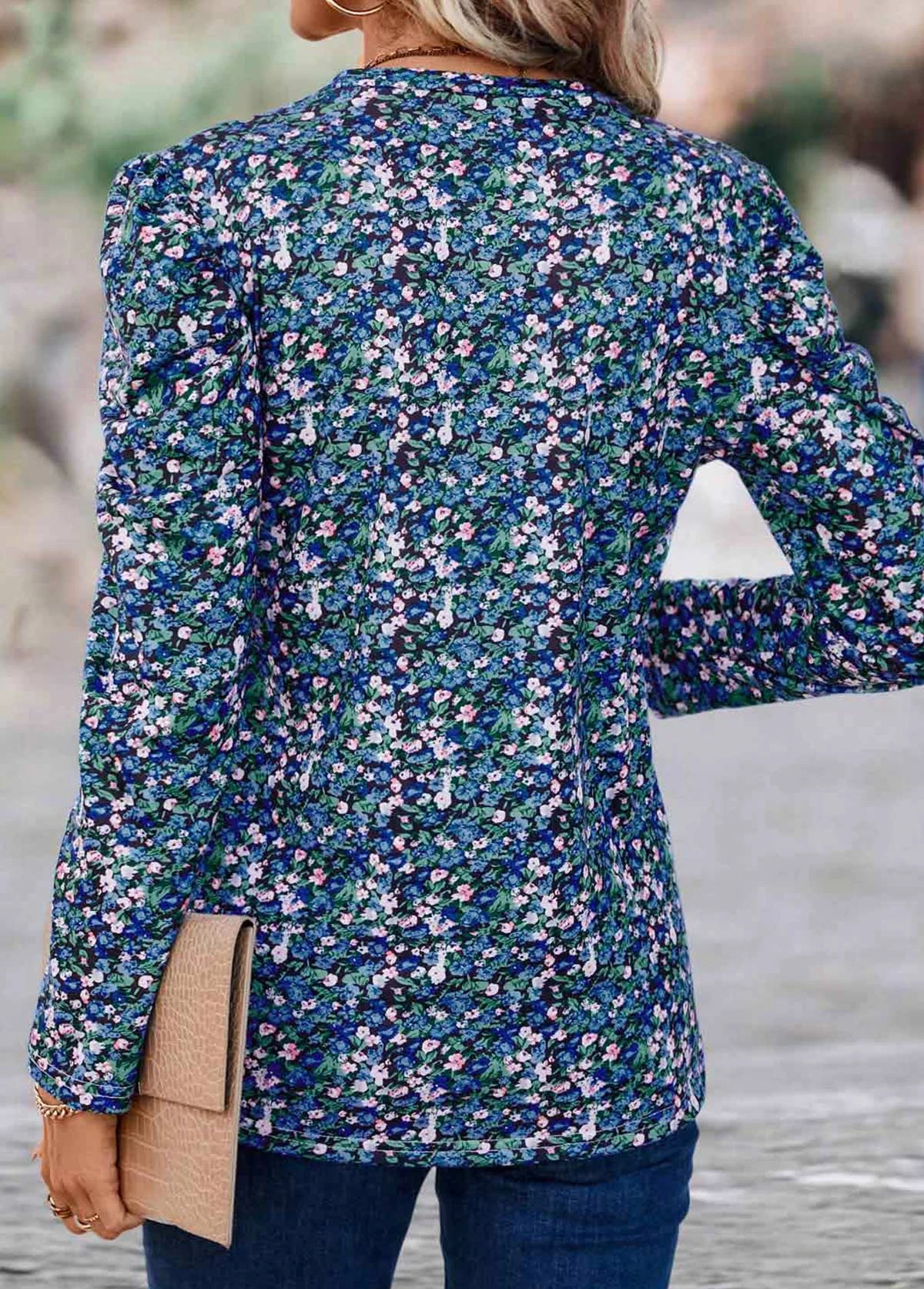 Multi Color Ruched Ditsy Floral Print T Shirt 4 Multi Color Ruched Ditsy Floral Print T Shirt - Image 2