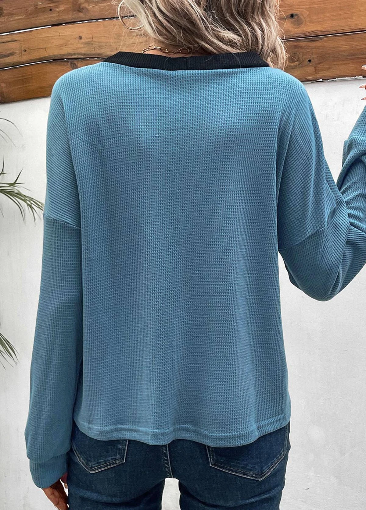 Dusty Blue Button Long Sleeve V Neck Blouse 4 Dusty Blue Button Long Sleeve V Neck Blouse - Image 2