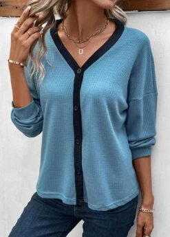 Dusty Blue Button Long Sleeve V Neck Blouse 11 Dusty Blue Button Long Sleeve V Neck Blouse -OLALA Clothing Shop 338184 P 16908782093023