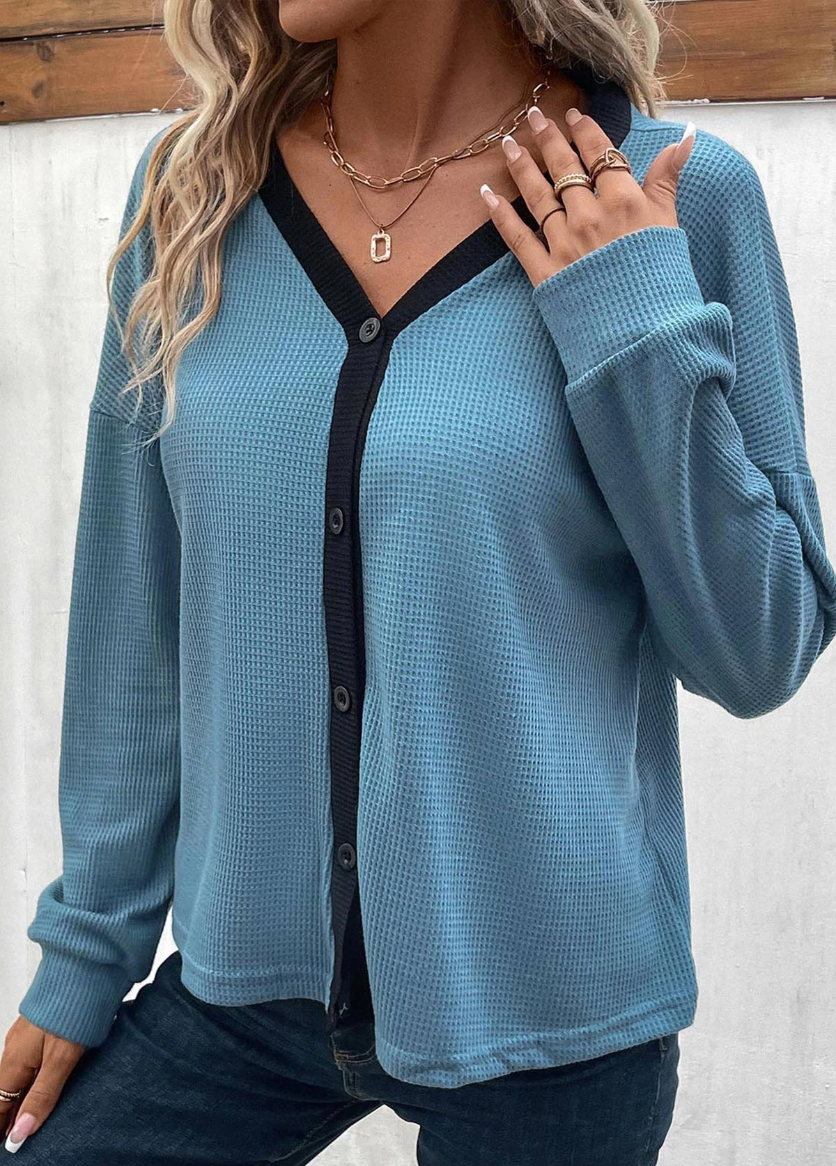 Dusty Blue Button Long Sleeve V Neck Blouse 8 Dusty Blue Button Long Sleeve V Neck Blouse - Image 6