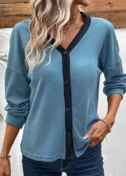 Dusty Blue Button Long Sleeve V Neck Blouse