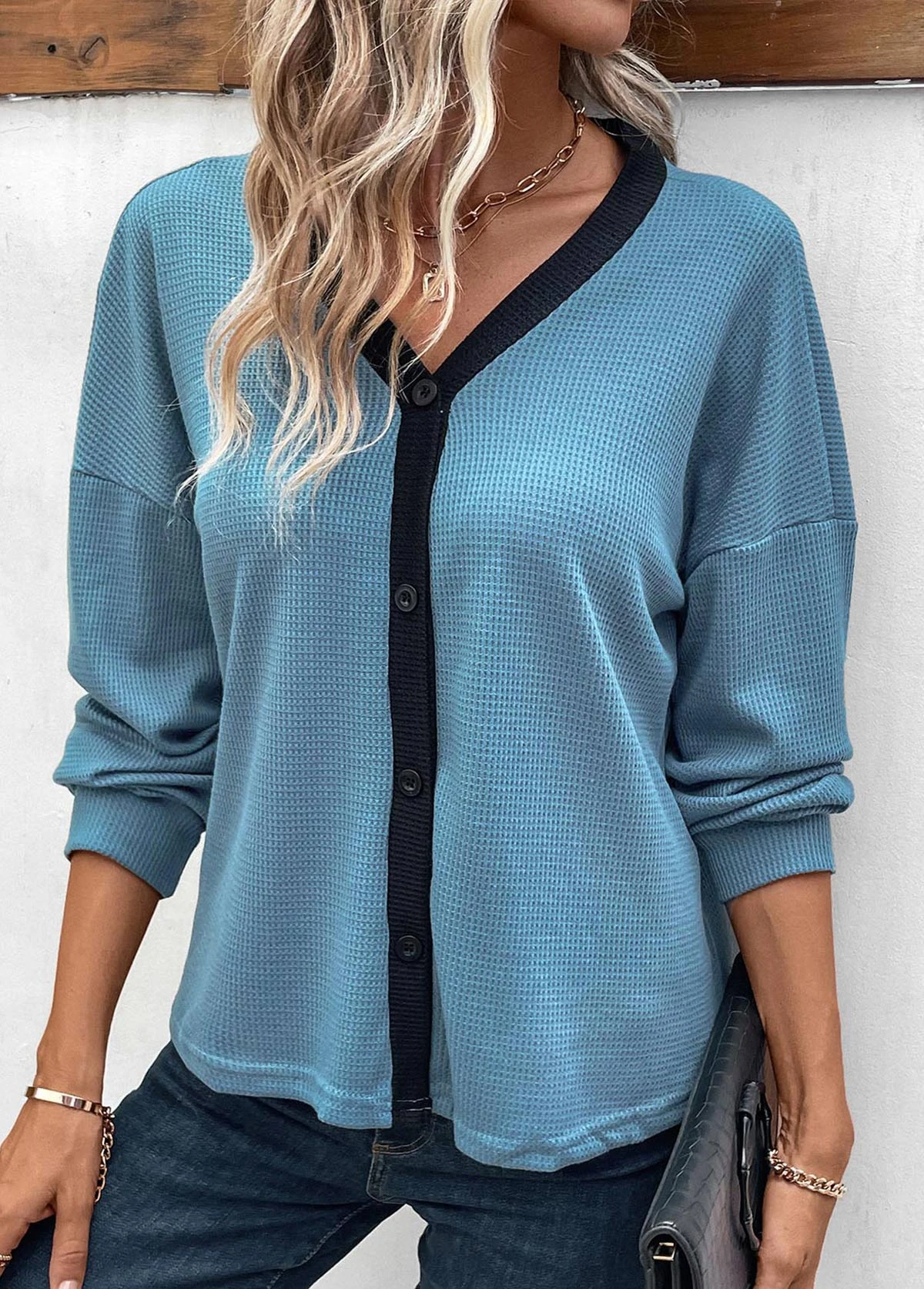 Dusty Blue Button Long Sleeve V Neck Blouse 5 Dusty Blue Button Long Sleeve V Neck Blouse - Image 3
