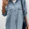 Dusty Blue Pocket Long Sleeve Shirt Collar Blouse -OLALA Clothing Shop 338301 P 16908680217290
