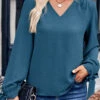 Peacock Blue Bowknot Long Sleeve V Neck Blouse 1 Peacock Blue Bowknot Long Sleeve V Neck Blouse -OLALA Clothing Shop 338532 P 1689751320542