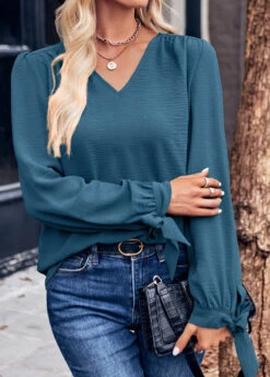 Peacock Blue Bowknot Long Sleeve V Neck Blouse -OLALA Clothing Shop 338532 P 1689751321497