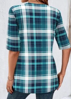 Peacock Blue Fake 2in1 Plaid T Shirt -OLALA Clothing Shop 338553 P 1694052128311