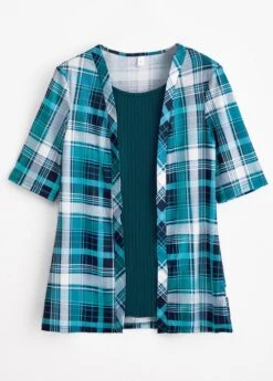 Peacock Blue Fake 2in1 Plaid T Shirt -OLALA Clothing Shop 338553 P 1694052128819