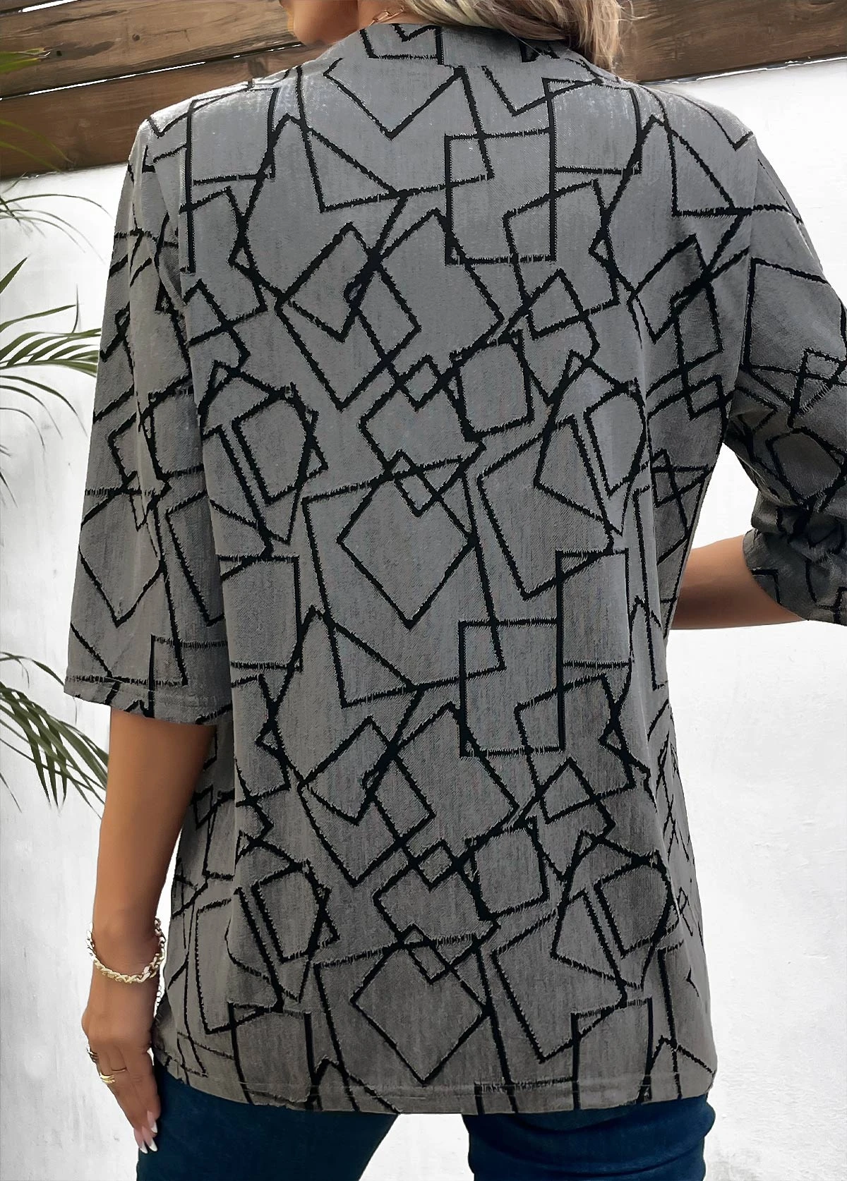 Dark Grey Button Geometric Print Blouse 4 Dark Grey Button Geometric Print Blouse - Image 2