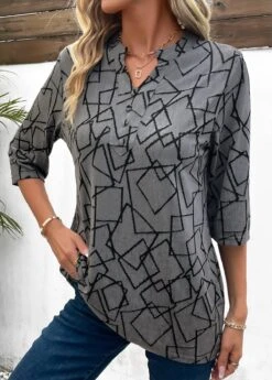 Dark Grey Button Geometric Print Blouse 10 Dark Grey Button Geometric Print Blouse -OLALA Clothing Shop 338666 P 16914115736112