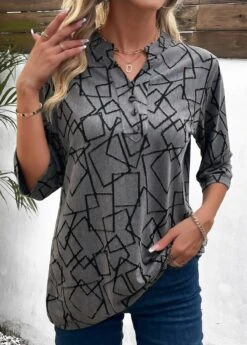 Dark Grey Button Geometric Print Blouse 12 Dark Grey Button Geometric Print Blouse -OLALA Clothing Shop 338666 P 16914115740324