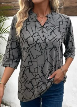 Dark Grey Button Geometric Print Blouse 11 Dark Grey Button Geometric Print Blouse -OLALA Clothing Shop 338666 P 16914115740963