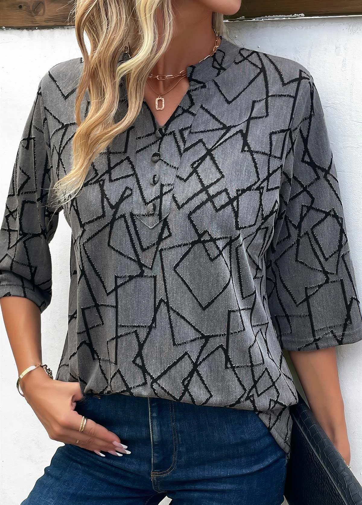 Dark Grey Button Geometric Print Blouse 8 Dark Grey Button Geometric Print Blouse - Image 6