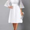 White Mesh Three Quarter Length Sleeve Dress 1 White Mesh Three Quarter Length Sleeve Dress -OLALA Clothing Shop 338901 P 1689910199772