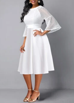 White Mesh Three Quarter Length Sleeve Dress -OLALA Clothing Shop 338901 P 1689910199790