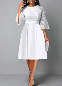 White Mesh Three Quarter Length Sleeve Dress -OLALA Clothing Shop 338901 P 1689910200261