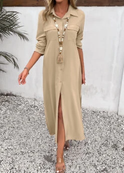 Light Camel Split Pocket Maxi Shift Dress 9 Light Camel Split Pocket Maxi Shift Dress -OLALA Clothing Shop 338913 P 16917494260902