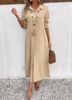 Light Camel Split Pocket Maxi Shift Dress 10 Light Camel Split Pocket Maxi Shift Dress -OLALA Clothing Shop 338913 P 16917494269063