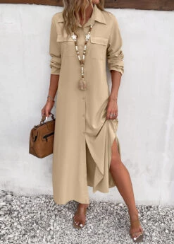Light Camel Split Pocket Maxi Shift Dress 11 Light Camel Split Pocket Maxi Shift Dress -OLALA Clothing Shop 338913 P 16917494275624