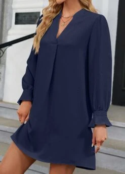 Navy Ruched Long Sleeve Dress -OLALA Clothing Shop 338996 P 1690186207274