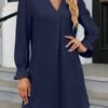 Navy Ruched Long Sleeve Dress -OLALA Clothing Shop 338996 P 1690186207765