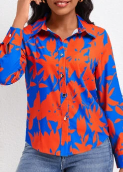 Sky Blue Button Leaf Print Long Sleeve Blouse -OLALA Clothing Shop 339279 P 16922346243182