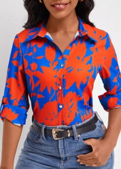 Sky Blue Button Leaf Print Long Sleeve Blouse -OLALA Clothing Shop 339279 P 16922346244213